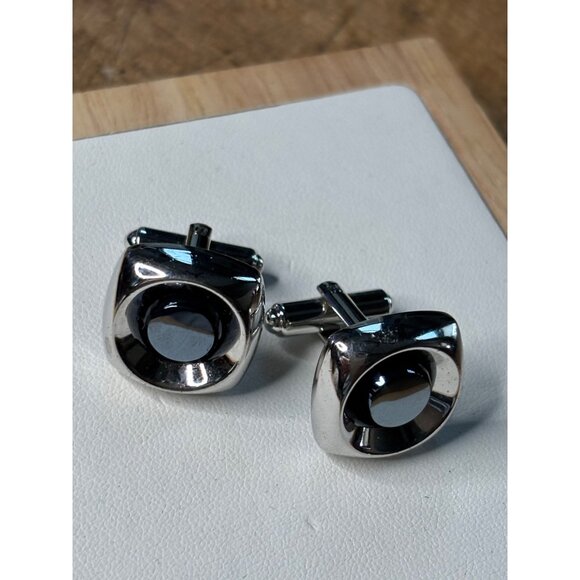 Silver & Black Round Cufflinks With Polished Finish & Swivel Backing - Picture 11 of 13